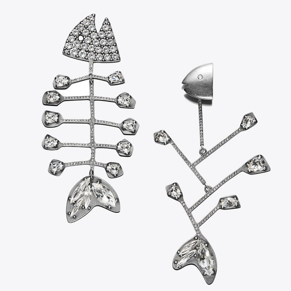NWT Tory Burch Embellished Fish Mismatched Earring, Antique Silver/Crystal